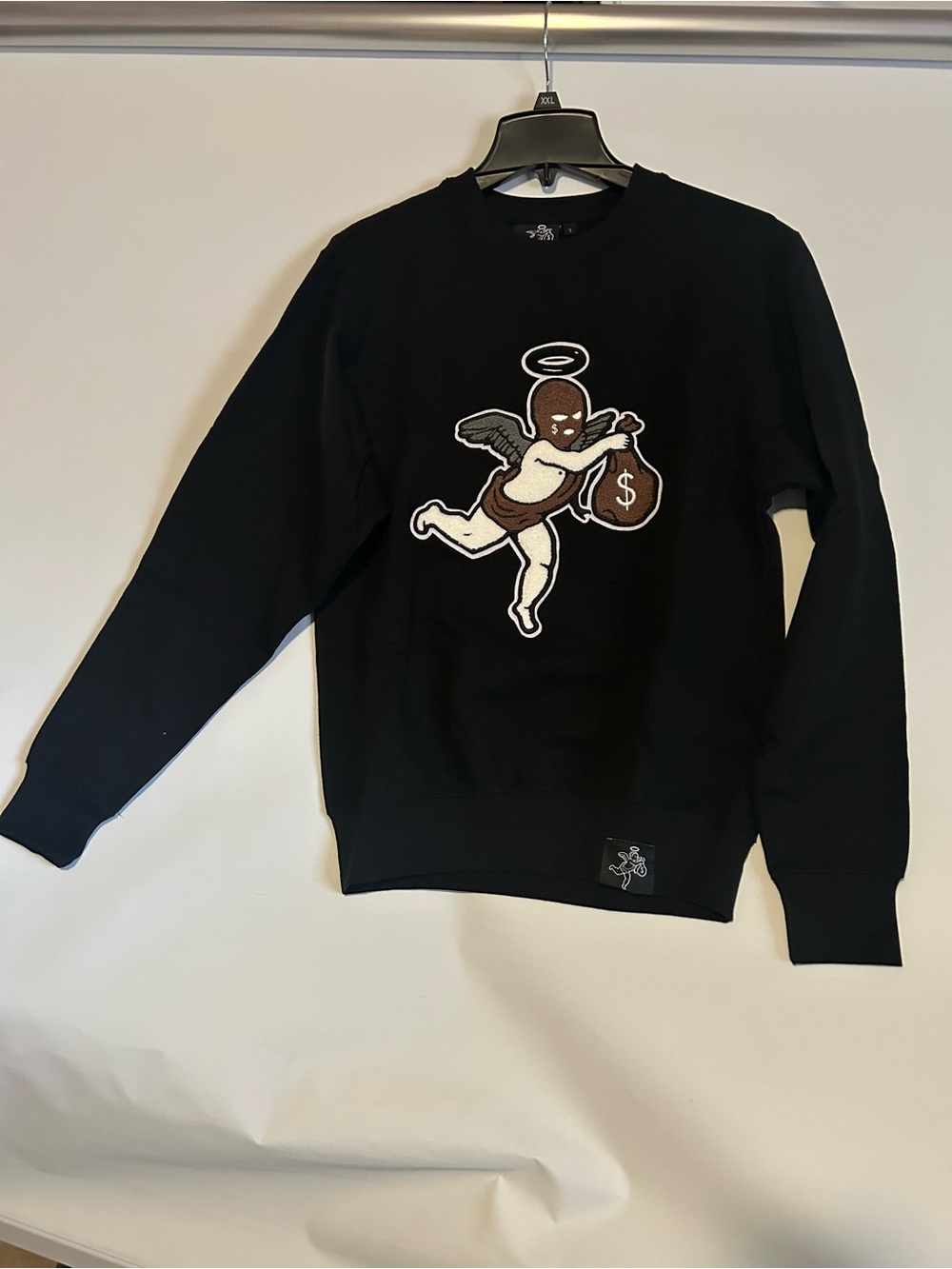 Black Crewneck Sweater with Cherub Money Patch